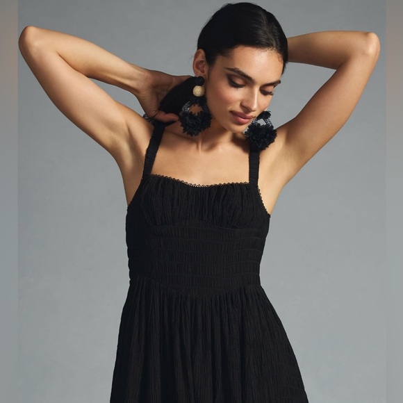 By Anthropologie Textured Smocked Midi Dress Size S Black - Picture 3 of 9